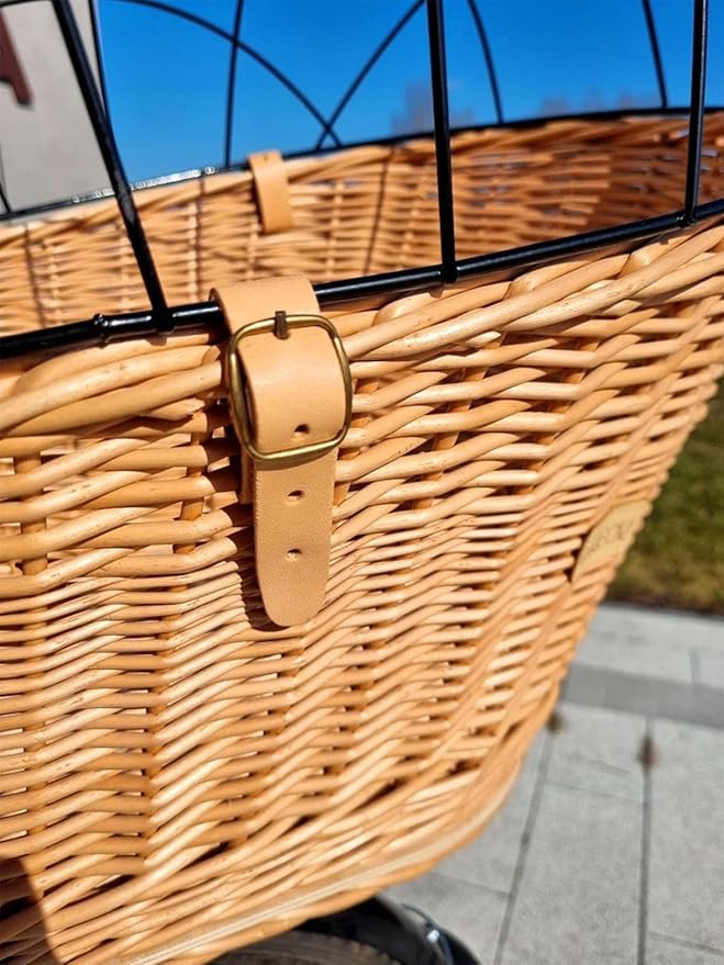 Natural Wicker Dog Bike Basket - 100% Organic Rattan Pet Carrier with Protective Grille - Eco Friendly Design - Soft Cotton Cushion & Mounting Bracket for Secure Bicycle Rear Luggage Rack