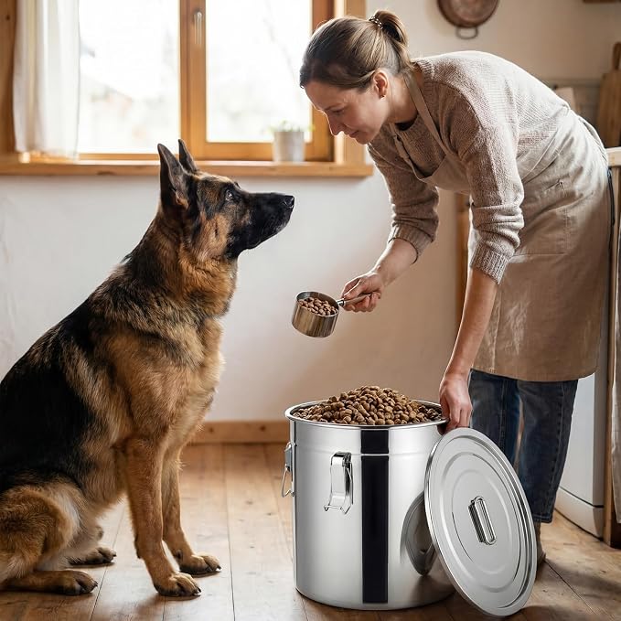 Lounsweer 2 Pack 8.9+5.5 Gal Stainless Steel Dog Food Storage Container with Lid and Locking Clamp 33L+21L Metal Airtight Container Large Stainless Steel Bucket with Food Scoop for Pet Feed - Image 6