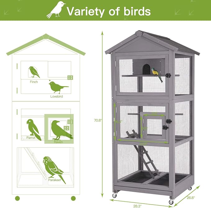 GUTINNEEN Outdoor Bird Aviary Wooden Large Bird Cage on Wheels, Featuring Play Stand, Perches, Nest Habitat, Include Wire Mesh Above Bottom Tray Easy to Clean | waterproof asphalt roof,32.7"x30.9"x70.8",slide-out tray with wire mesh,4 stainless steel w... - Image 6