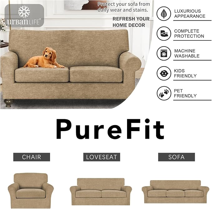 URBANLIFE 3-Piece Stretch Sofa Covers for 2 Cushion Couch, Coffee | Super fitted spandex slipcovers for couches. Non-slip elastic bottom. Machine washable furniture protector for kids & pets. - Image 7