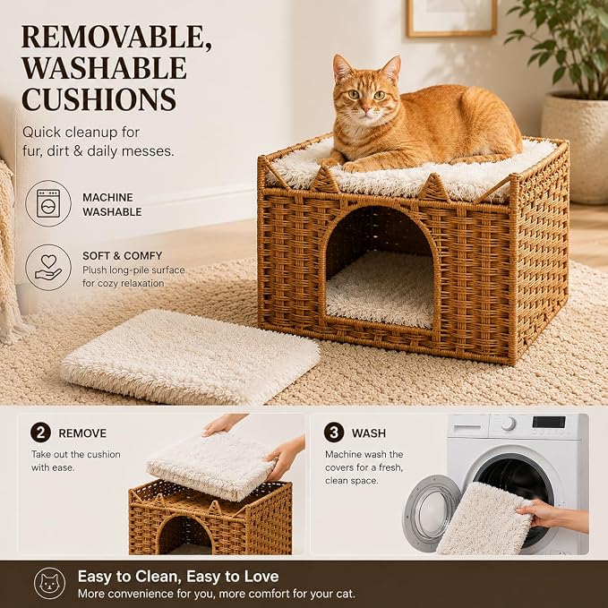 Cat Bed with Ears - Handwoven Rattan Cat Cave House for Indoor Kittens, Foldable Hideaway with 2 Removable Cushions, 16.5x16.5x13.2 Inch Natural Pet Cube for Living Room/Bedroom Natural - Image 6