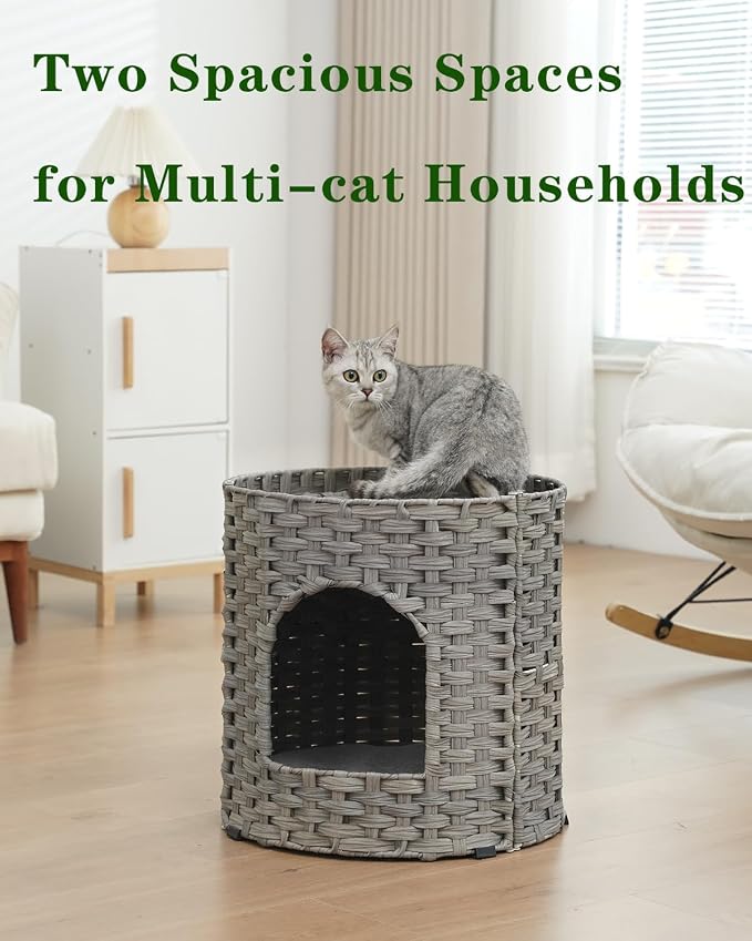 SETVSON Cat House for Indoor Cat, Large Double Cat Houses Cat Bed, Gray | Handwoven PE Rattan Bed Cave with One Soft Pad, Spacious 17 x 17 x 17 In Foldable Kitten Hideaway, Easy to Clean - Image 7