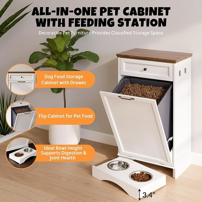 Tilt Out Trash Can Cabinet with Dog Bowl, 10 Gallons Dog Feeding Station with Storage Cabinet, Pet Food Cabinet with Hideaway Drawer for Kitchen, Living Room - Image 8