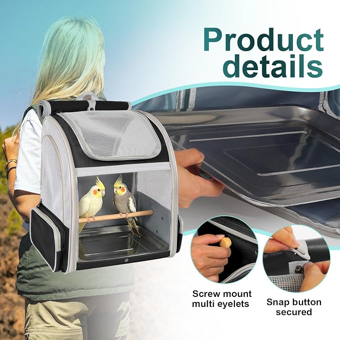 Bird Carrier Backpack for Small to Meidum Bird, Portable Travel Carrier Cage with Standing Perch and Metal Tray (Black, Backpack Carrier) - Image 6