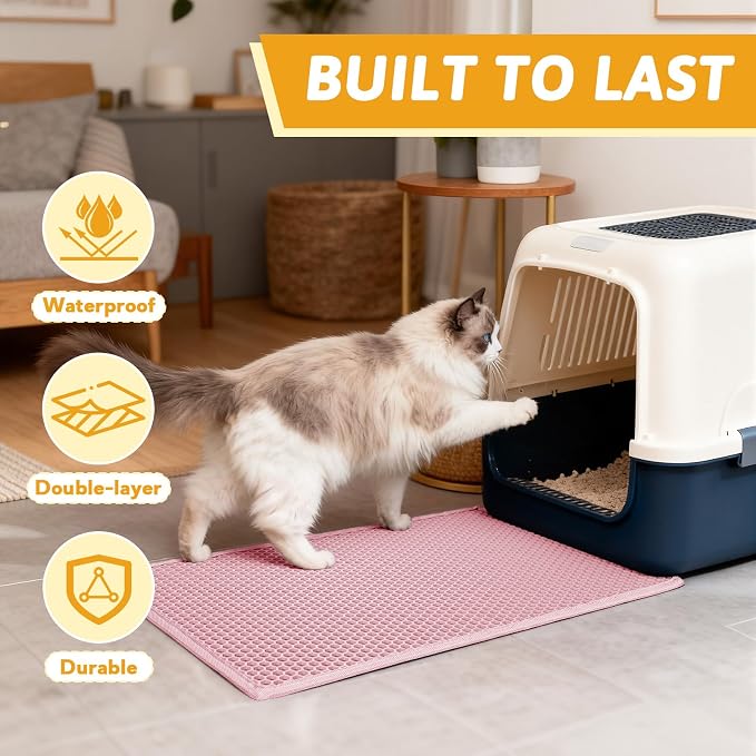 Pieviev Cat Litter Mat, Double-Layer Waterproof Litter Trap, 24" x 15" Pink | Honeycomb Design Catches Scattered Particles to Stop Tracking, Urineproof Base Protects Floors, Easy to Clean - Image 7