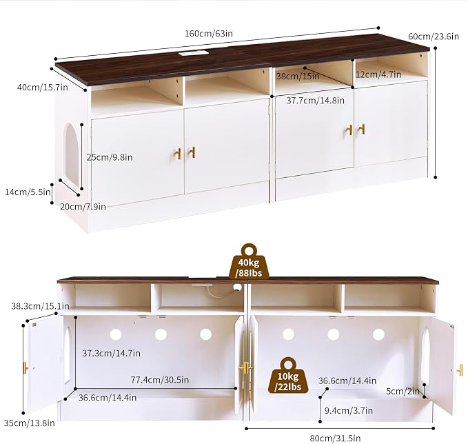 Cat Litter Box Enclosure for 2 Cats, TV Stand with Storage & Outlet, 63" Double Litter Box Enclosure Furniture, Wooden Enclosed Litter Box Cabinet, 63”L x 15.7”W x 23.6”H, White & Walnut - Image 9