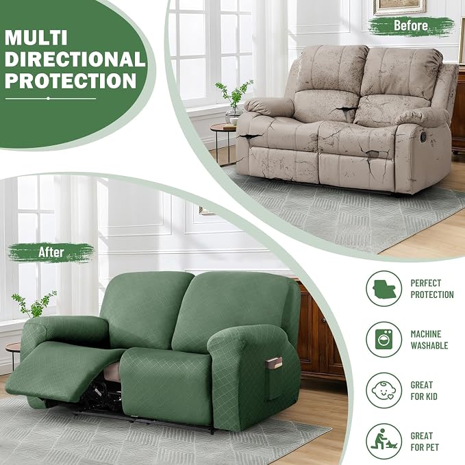 vctops Diamond Recliner Loveseat Slipcover 6-Pieces Stretch Dual Recliner Sofa Covers for 2 Seat Dual Reclining Loveseat Couch Soft Solid Furniture Protector (Mo Green,2 Seat) - Image 5