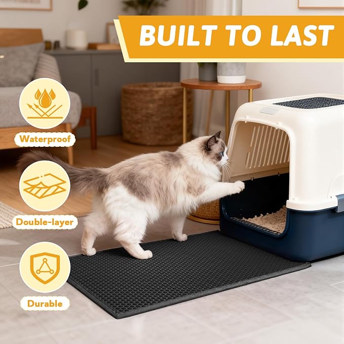 Pieviev Cat Litter Mat Double Layer Waterproof Urine Proof Trapping Mat 1 Pack (Black, 24x15 Inch (Pack of 1)) | Honeycomb Design Catches Scattered Particles to Stop Tracking, Urineproof Base Protects Floors, Easy to Clean - Image 7