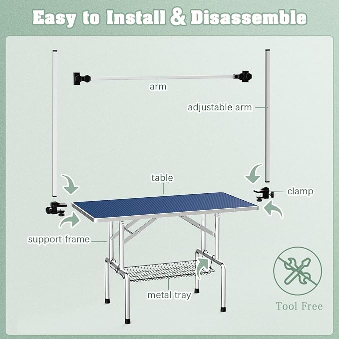Lyromix 42'' Stainless Steel Pet Dog Grooming Table, Arm/Noose/Tray, Blue | Foldable Dog Grooming Table for Dogs at Home, Adjustable Height Arm, Non-Slip Waterproof Tabletop, Capacity 330Lb - Image 7