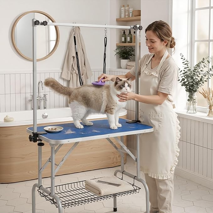VINGLI Dog Grooming Table, Adjustable Cat Grooming Desktop with Arms and Storage Basket, Pet Grooming Stand at Home (Blue, 32 inch) - Image 8