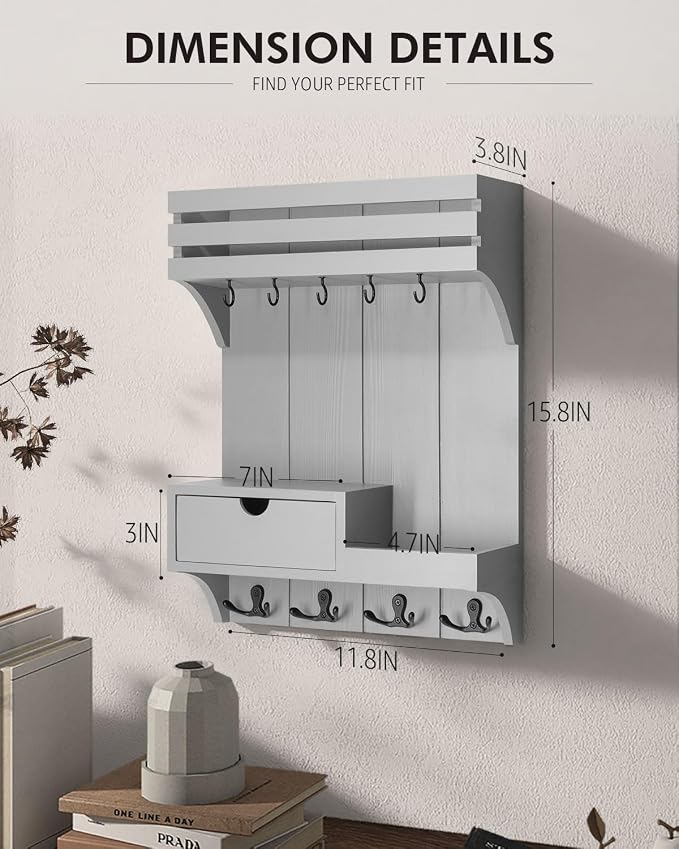 Rebee Vision Key Holder Wall Mount with Drawer & Shelf for Entryway, Gray | Key Holder for Wall, 9 Key Hooks, Floating Shelf, Drawer Organizer, Mail Organizer, Trendy Home Decor, Room Decor Aesthetic - Image 6