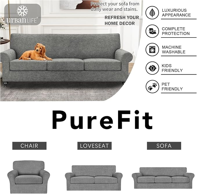 URBANLIFE 4-Piece Stretch Sofa Covers for 3 Cushion Couch, Light Gray | Super fitted spandex slipcovers for couches. Non-slip elastic bottom. Machine washable furniture protector for kids & pets. - Image 7