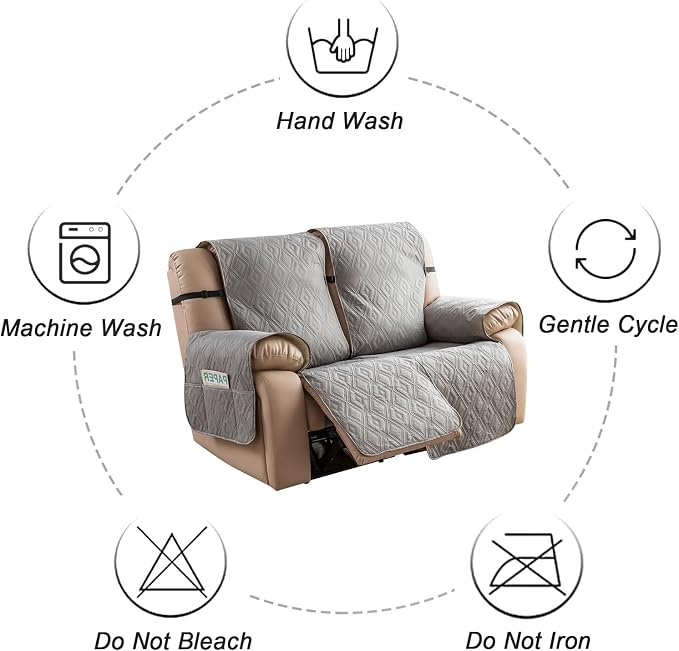 Genina Loveseat Recliner Cover Non-Slip, Sofa Cover for Reclining Couch 2 Seat, Loveseat Covers Double Recliner Furniture Protector Cover with Elastic Straps for Pets (Light Gray, Recliner Loveseat) - Image 9