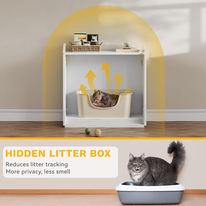 DWVO Large Hidden Litter Box Furniture with Hooks | Modern Cat Litters Box Enclosure for M/L/XL Litter Boxes, Wooden Secret Cat Cabinet, High-Gloss White - Image 8