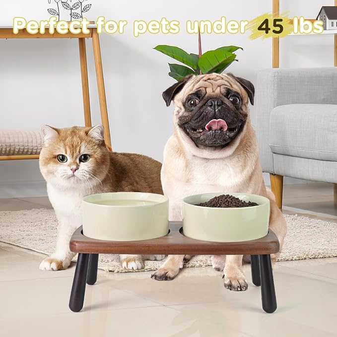 SPUNKYJUNKY Ceramic Elevated Dog Bowls Raised with Acacia Bamboo Wooden Stand, 6.1'' Dog and Cat Food Water Bowls Set Non-Slip for Small Medium Sized Breed Microwave Dishwasher Safe - 28.7 OZ,Beige - Image 7
