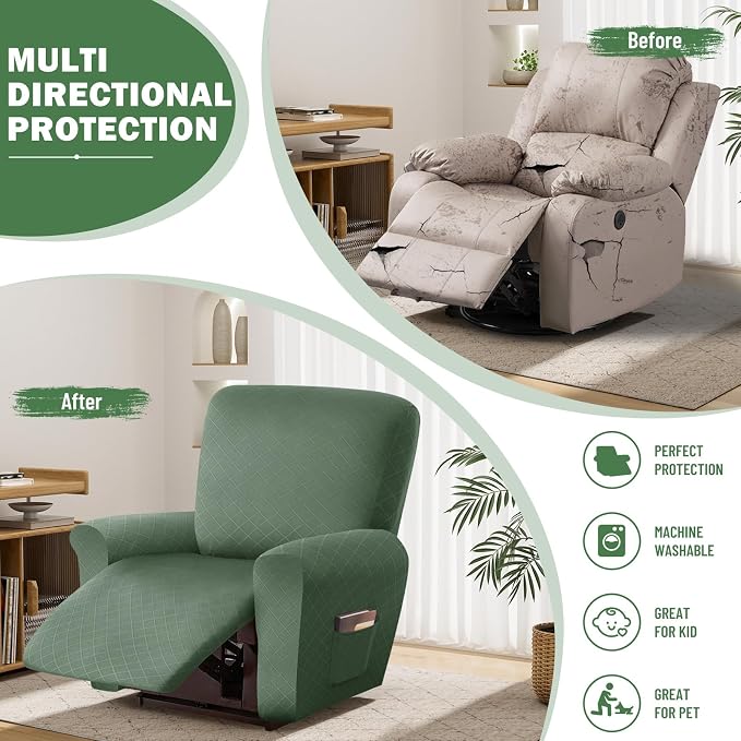 vctops Diamond Recliner Cover 4-Pieces Recliner Stretch Sofa Slipcover 1 Seater Couch Protector Soft Solid Furniture Protector Covers with Elastic Strap (Mo Green,1 Seat) - Image 5