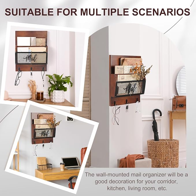 Yalikop Farmhouse Mail Organizer Wall Mounted Rustic Mail Holder Hanging Key Sorter with 3 Hooks Indoor Wooden Wall Mounted, Letter, Magazines, Newspapers, Keys (Classics,Dark Brown) - Image 6