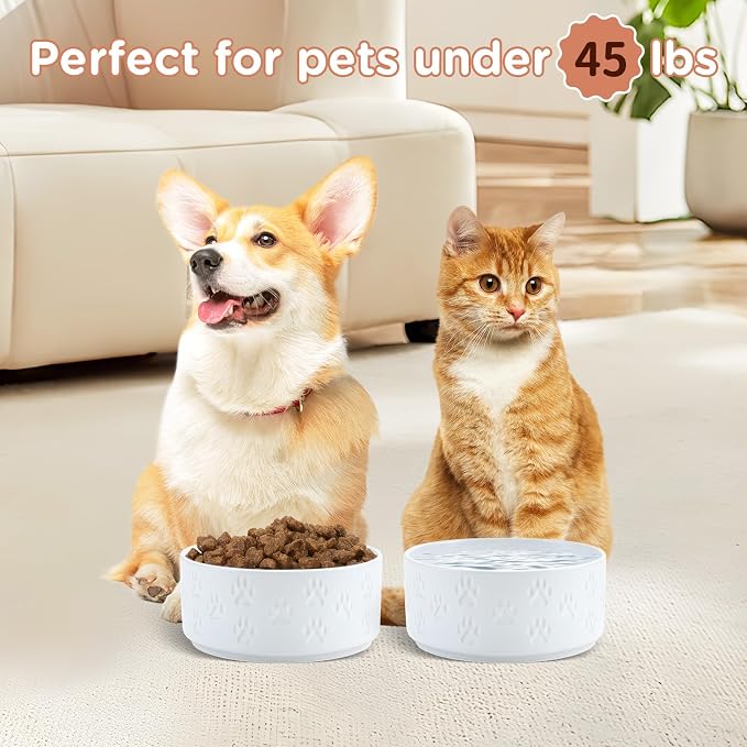 SPUNKYJUNKY Ceramic Dog and Cat Bowls 2 Pack, 6.1'' Dog and Cat Food Water Double Feeding Bowls Non-Slip for Large Sized Breed Microwave Dishwasher Safe - 28.7 OZ, 2pcs, Paw White - Image 6