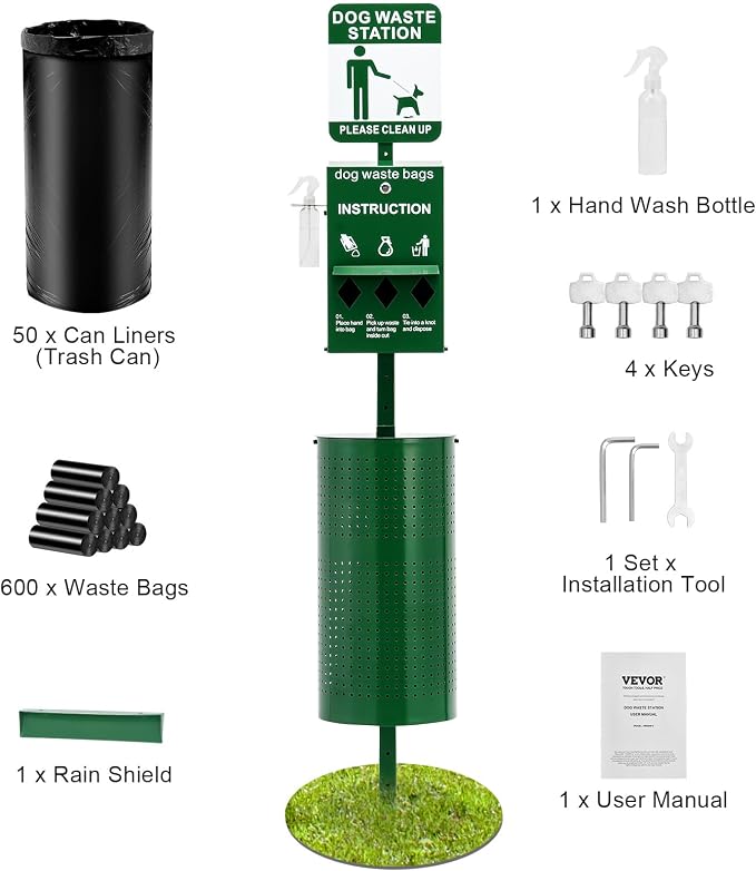 VEVOR Dog Waste Station, 11.5 Gallon Pet Waste Station with Hand Wash Bottle, Lockable Bag Dispenser, 50 Can Liners & 600 Waste Bags, Outdoor Pet Poop Station for Commercial Use, Parks, Backyard - Image 9