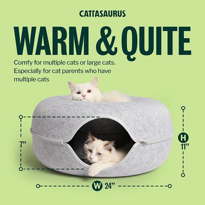 Cattasaurus Peekaboo Cat Cave Donut for Multiple & Large Cats up to 30-45 lbs, 3-in-1 Self Warming Cat Bed, Tunnel & Scratcher for Indoor Cats, Washable & Detachable (Light Gray + Dark Gray, Large) - Image 9