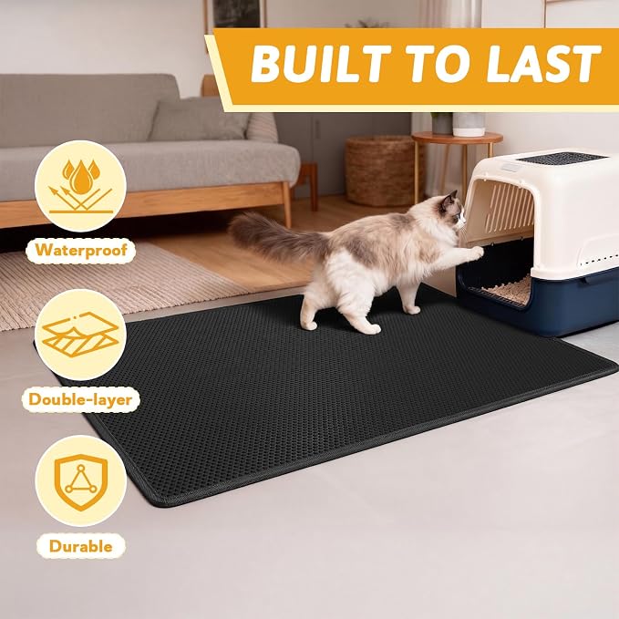 Pieviev Litter Box Mat, Double-Layer Waterproof Design, 47" x 36" Black | Honeycomb Litter Trapping Mat Captures Scattered Particles to Stop Tracking, Waterproof Base Protects Floors, Easy to Clean - Image 7