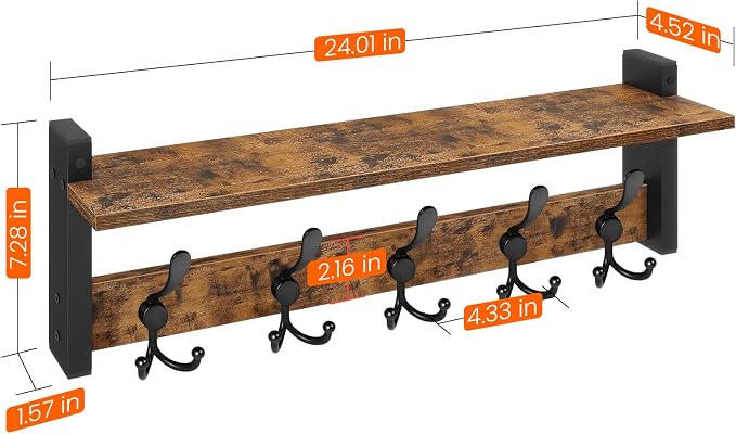 Homode Wall Mount Coat Rack with Shelf and 5 Tri Hooks | Wood Coat Hangers for Hanging Hat, Towel, Purse, Jacket, Rustic Brown - Image 8