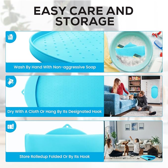 Dog Food Mat - 32” x 19” Pet Feeding Mat with Residue Collection Pocket - Large Silicone Dog Mat for Food and Water - Waterproof Dog and Cat Bowl Mat, High Edges to Prevent Spills, Light Blue - Image 6
