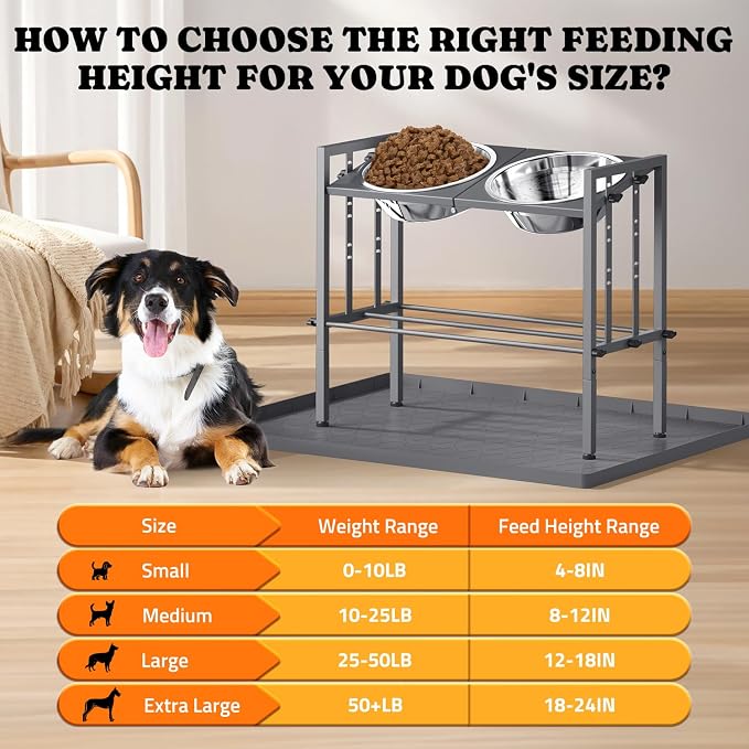 Elevated Dog Bowl for Large Breed, Height Adjustable Feeder with Mat, Gery | Adjustable Height at 15°Tilted Angle, Lightweight, Nonslip, All-Iron Structure, Stainless Steel bowls, Easy Assembly Cleaning - Image 7