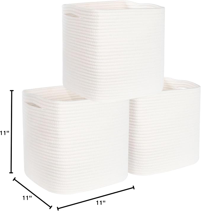 MINTWOOD Design 3-Pack 11x11in Woven Cube Storage Bin and Shelf Baskets, Cute Decorative Square Organizer for Closet, Classroom, Bathroom, Dog and Cat Toys, and Books, Creamy White - Image 9