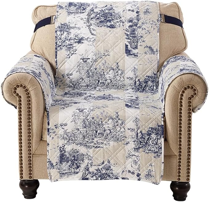 Brilliant Sunshine Blue Toile Couch Armchair Cover, Beige Ivory, 23" seat | Non Slip Sofa Cover, Quilted Furniture Protector, Washable Chair Slipcover for Pets, Dogs & Cats - Image 7