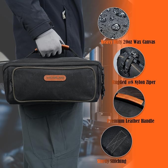 WELKINLAND LayFlat Tool Pouch Organizer, 13-Inch Small Tool Bag, Heavy-Duty Waxed Canvas Tool Pouch, 5-Pocket Small Tool Bags with Zipper, Wide-Open Electrician Tool Bag - Image 9