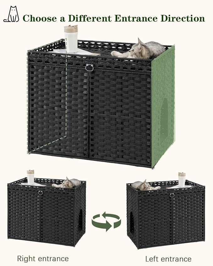 SETVSON Cat Litter Box Enclosure Furniture, Hidden Litter Box, Cat Litter Box Cabinet with 2 Litter Mats, Handwoven Rattan Large Space Cat House, Indoor for Living Room, Bedroom, Apartment Black - Image 7