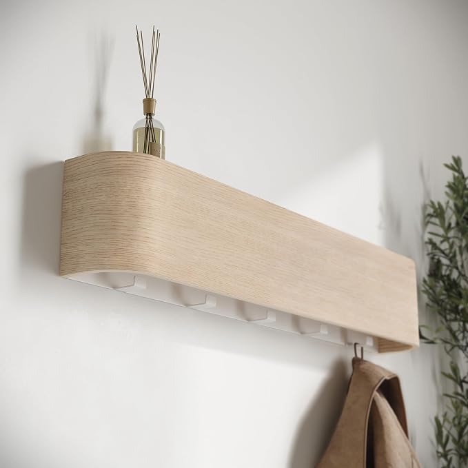 Kazai. Wall-Mounted Coat Rack 'Toke' - Modern Design Coat Rack with Hidden Wall Hooks - Solid Wood Veneer Panel Coat Hanger - Oak, White - Image 7