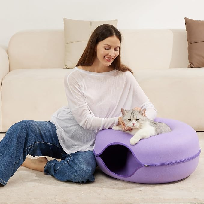 Cat Tunnel Bed for Indoor Cats with 3 Toys, Scratch Resistant Detachable and Washable Large Donut Cat Bed, Available in All Seasons (Purple, L(24x24x11)) - Image 6