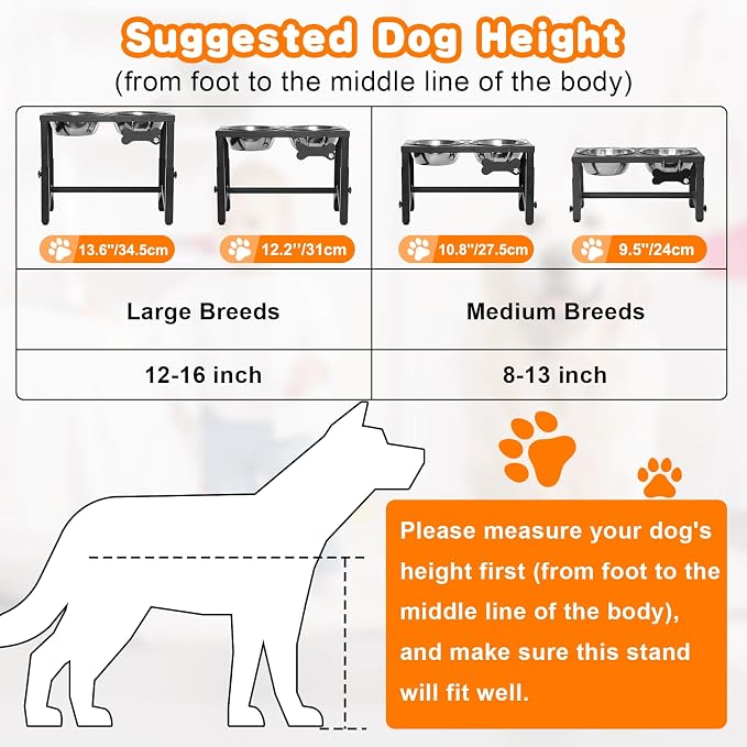 Elevated Dog Bowls, 4 Height Adjustable Metal Raised Bowl Stand with 2 Thick Stainless Steel Food Bowls & Spill-Proof Mat, Adjusts to 13.6'', 12.2'', 10.9'', 9.5'' for Large/Medium Breeds. Black - Image 7