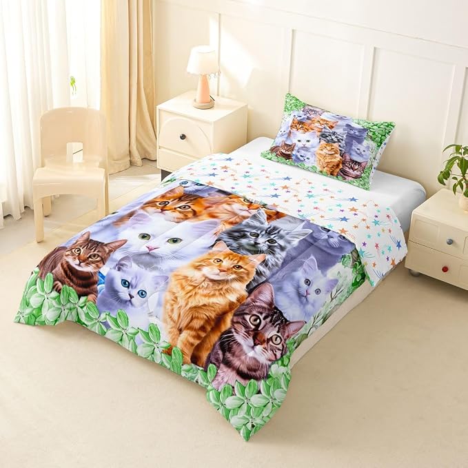 Feelyou Cute Cartoon Cat Twin Comforter Set for Girls Princess Pet Cats Bedding Set Kids Collage Kitten Kitty Bedding Comforter Feline Animal Lovely Floral Green Decor Quilt with 1 Pillowcase Boys - Image 9