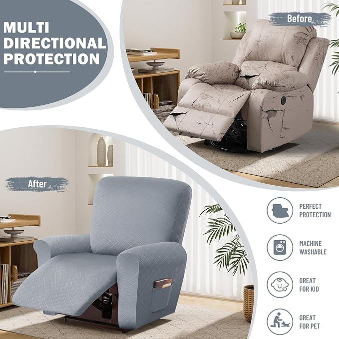 vctops Diamond Recliner Cover 4-Pieces Recliner Stretch Sofa Slipcover 1 Seater Couch Protector Soft Solid Furniture Protector Covers with Elastic Strap (Light Grey,1 Seat) - Image 5
