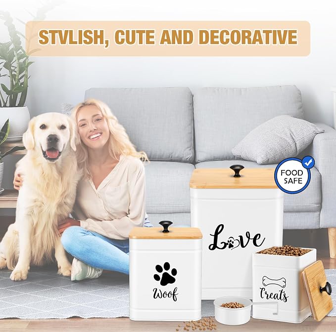 Jingmore Metal Dog Treat Containers Set of 3 with Bamboo Lids and Spoon Airtight 7+3+2 lbs Dog Food Snack Jars with DIY Labels Big Pet Cookie Storage Jar for Kitchen Counter(White,Modern) - Image 6