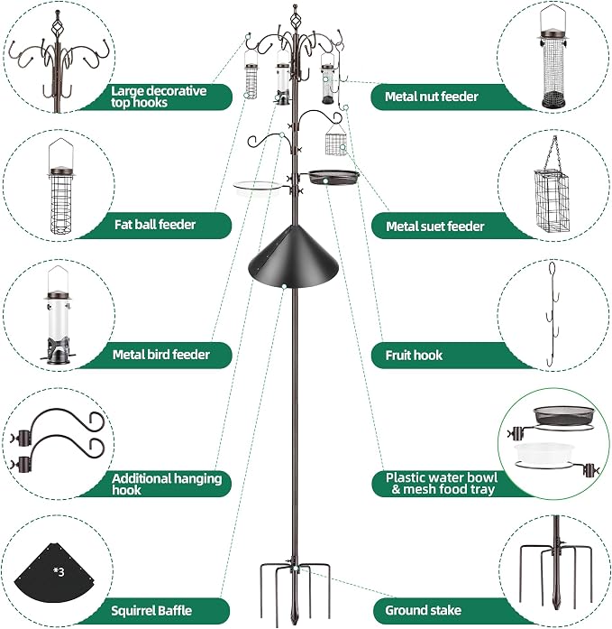 Bird Feeding Station Kit with Squirrel Baffle Bird Feeder Pole with Suet Cage Mesh Tray Fruit Hook Double W Hook for Attracting Wild Birds and Hanging Planter Hanger Lights - Image 7