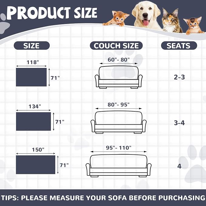 Waterproof Non-Slip Couch Cover for Pets, Navy Blue 71" x 134" | Dogs Sofa Cover, Washable, Pet Friendly, Anti Cat Scratch, Furniture Protector, for 3 Cushion Couch Sectional L Shaped Sofa - Image 9