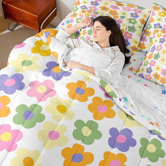 Feelyou Cute Flower 7 Piece Bedding Set Colorful Floral Comforter Set with Sheets for Kids Boys Girls Kawaii Theme Bed in a Bag White Bed Set Soft Lightweight - Image 7