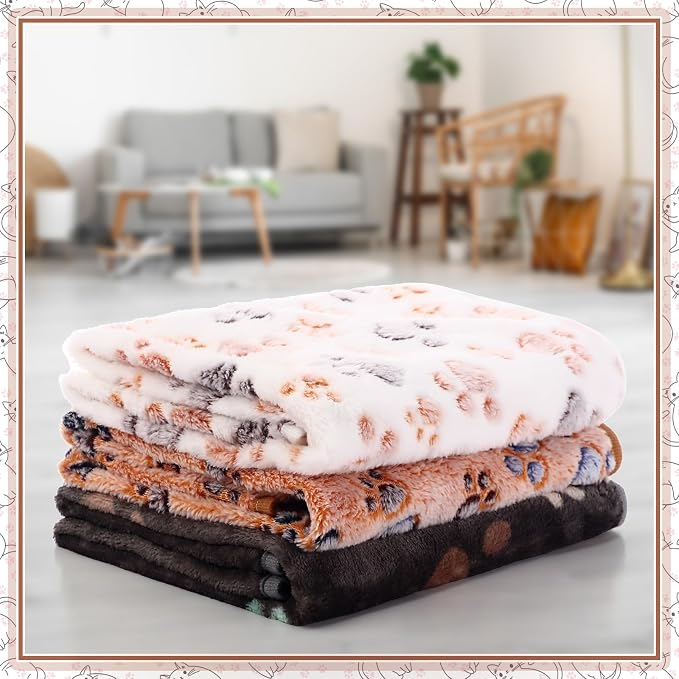 Tegeme 12 Pcs Pet Blankets 30 x 20 Inch Soft Fluffy Fleece Dog Cat Warm Paw Print Pattern Blankets Flannel Throw for Pets Dog Puppy Cat(Dark Gray, White, Camel) - Image 7