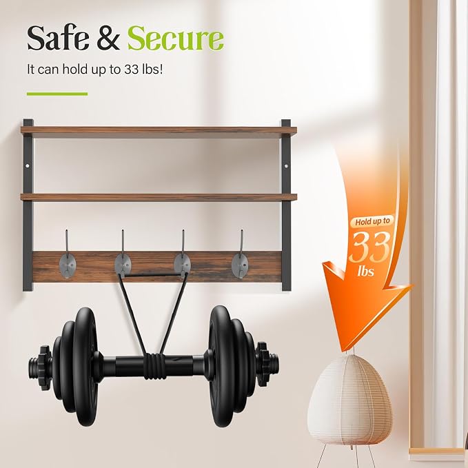 2 Tier Coat Rack Wall Mount with Shelf, 33" Wall Shelf with Hooks, Entryway Key Holder for Wall with 8 Heavy Duty Double Hooks, Coat Hook Wall Mounted for Bedroom, Living Room, Rustic Brown - Image 6