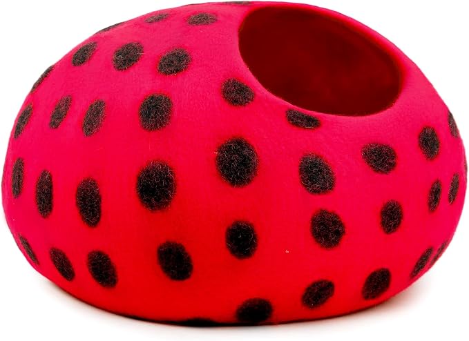 Woolygon Premium Felt Cat Cave Bed – Wool Kitty Beds Handcrafted Kitten Caves Bed for Indoor Cats - Made from Merino Wool, Foldable Cat Hideaway Covered Cat House Pod (Red Polka) - Image 8