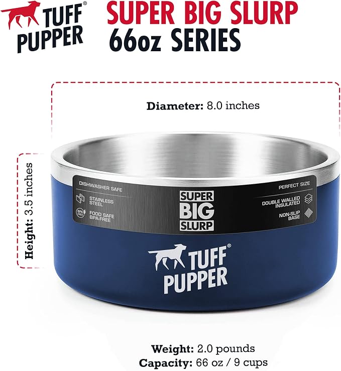 Tuff Pupper Heavy Duty Insulated Dog Bowl | Double Wall Stainless Steel Dog Food Dish | Non-Slip Spill Proof Dishwasher Safe Cat Bowl | Water Dish for Feeding Large Medium Small Pets (66oz, Blue) - Image 6