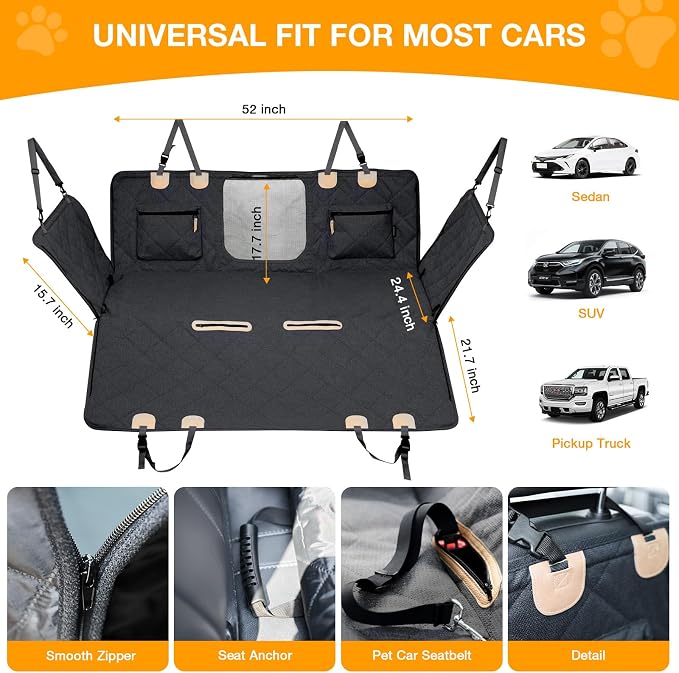 Dog Car Seat Cover for Back Seat, Hard Bottom Back Seat Extender for Dogs, Waterproof Car Hammock, Backseat Bed and Car Seat Protector, Nonslip Fit for Cars, SUVs, Trucks, 52 x 25 in, Black - Image 7