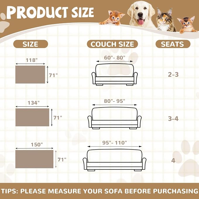 Waterproof Non-Slip Couch Cover for Pets & Dogs, Khaki 71" x 118" | Pet Sofa Cover, Washable, Pet Friendly, Anti Cat Scratch, Furniture Protector, for 3 Cushion Couch Sectional L Shaped Sofa - Image 9
