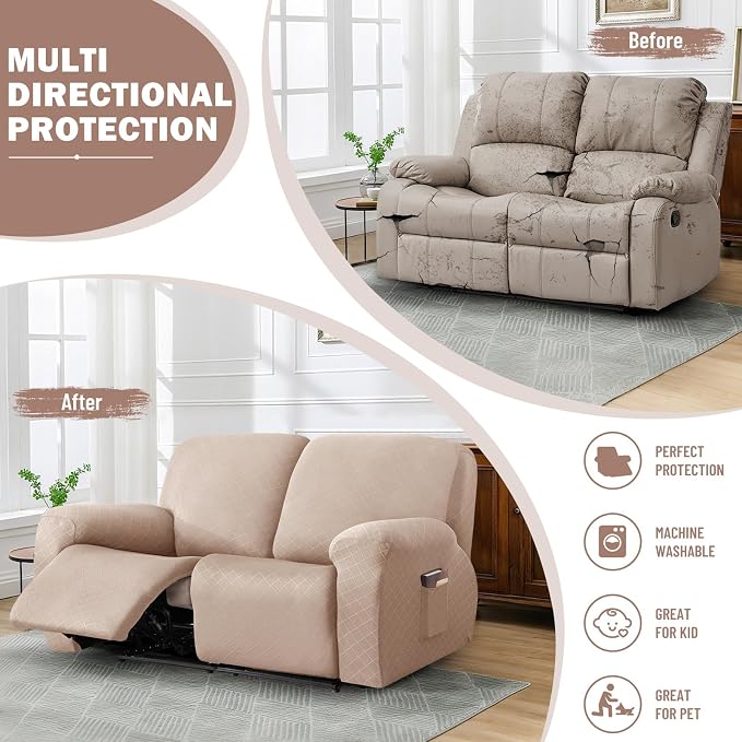 vctops Diamond Recliner Loveseat Slipcover 6-Pieces Stretch Dual Recliner Sofa Covers for 2 Seat Dual Reclining Loveseat Couch Soft Solid Furniture Protector (Camel,2 Seat) - Image 5