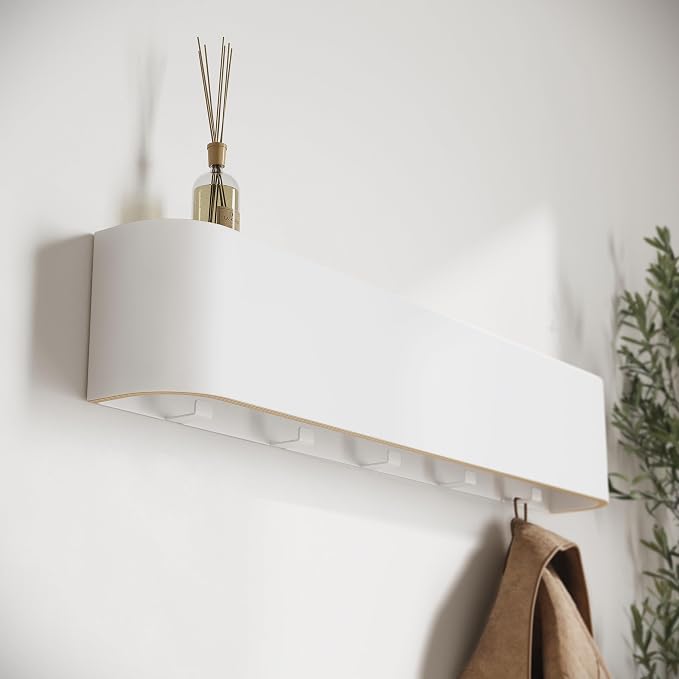 Kazai. Wall-Mounted Coat Rack 'Toke' - Modern Design Coat Rack with Hidden Wall Hooks - Solid Wood Veneer Panel Coat Hanger - White - Image 7