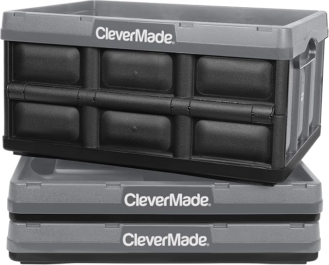 CleverMade Collapsible Storage Bins, 32L 3 Pack, Durable Plastic, Stone | Reinforced plastic handles groceries, tools, and sports gear. Interlocking bins stack open and nest compactly when folded. - Image 10